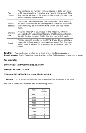 Page 70Caution - You must enter a value for at least one of the Fax number or  
E-mail address fields. To enter a blank line, key in four field separator characters in a row.
For example:
Smith;0123456789;jsmith@isp.co.uk;J;8
Jones;01987654321;;@;8
OConnor;0123469874;d.oconnor@hello.net;U;8
 
Remark  : @ alone is the indication that no associated key is assigned to the entry.
The rate is coded on a number, see the following board:
                   Fax 
numberYour contact’s fax number, without spaces or dots,...