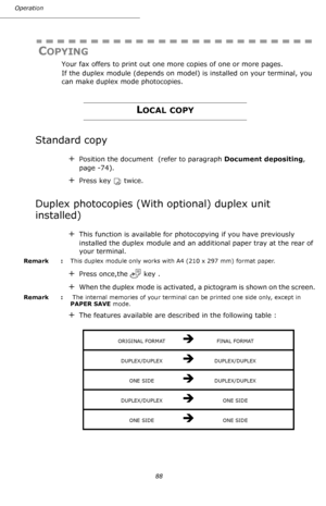 Page 88Operation
88
COPYING
Your fax offers to print out one more copies of one or more pages.
If the duplex module (depends on model) is installed on your terminal, you 
can make duplex mode photocopies.
LOCAL COPY
Standard copy
+Position the document  (refer to paragraph Document depositing, 
page -74).
+Press key  twice.
Duplex photocopies (With optional) duplex unit 
installed)
+This function is available for photocopying if you have previously 
installed the duplex module and an additional paper tray at...