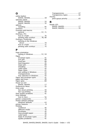 Page 102B4400, B4400L/B4600, B4600L User’s Guide – Index > 102
O
online button
B4400, B4400L ........................ 18
operator panel
B4400, B4400L ........................ 16
B4600, B4600L ........................ 32
options
installing ................................. 95
Overlays...................................... 71
Overlays and macros
general .............................. 57, 71
Overlays, PCL
how to create .......................... 76
printing with overlays .......... 78, 80
Overlays, PostScript...