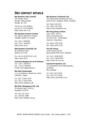 Page 104B4400, B4400L/B4600, B4600L User’s Guide – Oki contact details > 104
OKI CONTACT DETAILS
Oki Systems (UK) Limited
550 Dundee Road
Slough Trading Estate
Slough, SL1 4LE
Tel:44 (0) 1753 819819
Fax:44 (0) 1753 819899
http://www.oki.co.uk
Oki Systems Ireland Limited
The Square Industrial Complex
Tallaght, Dublin 24, Ireland
Tel:+353 1 4049590
Fax:+353 1 4049591
http://www.oki.ie
OKI Systems (Ireland) Ltd.
40 Sydenham Park
Belfast, BT4 1PW
Tel:+44 44 (0)28 90 20 1110
http://www.oki.ie
Technical Support for...