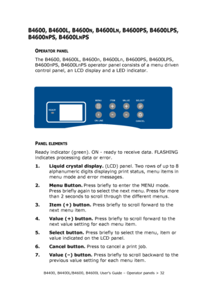 Page 32B4400, B4400L/B4600, B4600L User’s Guide – Operator panels > 32
B4600, B4600L, B4600N, B4600LN, B4600PS, B4600LPS, 
B4600
NPS, B4600LNPS
OPERATOR PANEL
The B4600, B4600L, B4600n, B4600Ln, B4600PS, B4600LPS, 
B4600nPS, B4600LnPS operator panel consists of a menu driven 
control panel, an LCD display and a LED indicator.
PANEL ELEMENTS
Ready indicator (green). ON - ready to receive data. FLASHING 
indicates processing data or error.
1. Liquid crystal display. (LCD) panel. Two rows of up to 8 
alphanumeric...