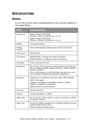 Page 97B4400, B4400L/B4600, B4600L User’s Guide – Specifications > 97
SPECIFICATIONS
GENERAL
A summary of the basic characteristics of your printer appears in 
the table below:
ITEMSPECIFICATION
Dimensions B4400, B4400L (N22105B): 
355mm x 395mm x 200mm (W x D x H)
B4600, B4600L (N22106B): 
355mm x 395mm x 215mm (W x D x H)
Weight 9 kg approximately
Printing 
methodElectro-photographic printing using LEDs as light source
Print colour Monochrome
Print speed B4400/B4600: 26 pages per minute maximum
B4400L/B4600L:...