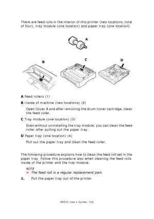 Page 132B6500 User’s Guide> 132
There are feed rolls in the interior of this printer (two locations, total 
of four), tray module (one location) and paper tray (one location).
   TJ094ano_text.jpg  
A Feed rollers (1) 
B Inside of machine (two locations) (2)
Open Cover A and after removing the drum/toner cartridge, clean 
the feed roller.  
C Tray module (one location) (3)  
Even without uninstalling the tray module, you can clean the feed 
roller after pulling out the paper tray.  
D Paper tray (one location)...