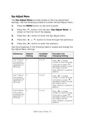 Page 77B6500 User’s Guide> 77
Sys Adjust Menu
The Sys Adjust Menu provides access to the tray adjustment 
settings. Use the following procedure to enter the Sys Adjust menu:
1.Press the MENU button on the control panel.
2.Press the < > button until the text “Sys Adjust Menu” is 
shown on the first line of the display.
3.Press the < > button to enter the Sys Adjust menu.
4.Press the 
 or  button to move through the submenus.
5.Press the < > button to enter the submenu.
Use the procedures in the following table...