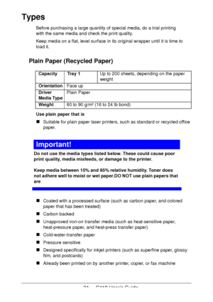 Page 3131  -  C110 User’s Guide
Types
Before purchasing a large quantity of special media, do a trial printing  
with the same media and check the print quality.
Keep media on a flat, level surface in its original wrapper until it is time to  
load it.
Plain Paper (Recycled Paper)
Use plain paper that is
Suitable for plain paper laser printers, such as standard or recycled office 
paper.
Important!
Do not use the media types listed below. These could cause poor 
print quality, media misfeeds, or damage to the...