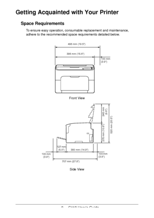 Page 88 - C110 User’s Guide
Getting Acquainted with Your Printer
Space Requirements
To ensure easy operation, consumable replacement and maintenance, 
adhere to the recommended space requirements detailed below.
Side View Front View
496 mm (19.5)
100 mm  
(3.9) 396 mm (15.6)
707 mm (27.8)100 mm  
(3.9) 380 mm (14.9)
520 mm (20.5)
127 mm 
(5.0)
245 mm 
(9.6) 275 mm (10.8)
100 mm 
(3.9)
Downloaded From ManualsPrinter.com Manuals 