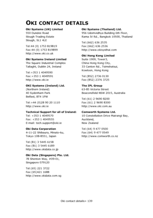 Page 139
Oki contact details> 139
OKI CONTACT DETAILS
Oki Systems (UK) Limited
550 Dundee Road
Slough Trading Estate
Slough, SL1 4LE
Tel:44 (0) 1753 819819
Fax:44 (0) 1753 819899
http://www.oki.co.uk
Oki Systems Ireland Limited
The Square Industrial Complex
Tallaght, Dublin 24, Ireland
Tel:+353 1 4049590
Fax:+353 1 4049591
http://www.oki.ie
OKI Systems (Ireland) Ltd.
(Northern Ireland)
40 Sydenham Park
Belfast, BT4 1PW
Tel:+44 (0)28 90 20 1110
http://www.oki.ie
Technical Support for all of Ireland:
Tel: +353 1...