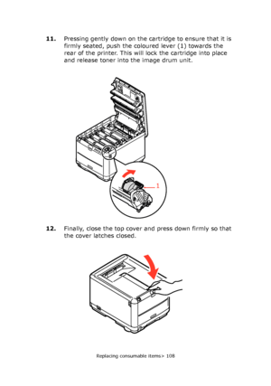 Page 108
Replacing consumable items> 108
11.Pressing gently down on the cartridge to ensure that it is 
firmly seated, push the coloured lever (1) towards the 
rear of the printer. This will lock the cartridge into place 
and release toner into the image drum unit.
12. Finally, close the top cover and press down firmly so that 
the cover latches closed.
1
Downloaded From ManualsPrinter.com Manuals 