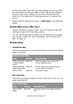 Page 90
Using the printer software> 90
It should be noted that many of these settings can be, and often 
are, overridden by settings made in the printer drivers. However, 
several of the driver settings ca n be left at “Printer Setting”, 
which will then default to the settings entered in these printer 
menus.
Factory default settings are shown in  bold type in the following 
tables.
PRINTER MENU UTILITY (MAC ONLY)
There is no status monitor in Mac. You can change printer user 
settings through the Printer Menu...