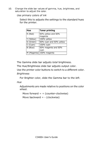 Page 127C3400n User’s Guide
127 10. Change the slide bar values of gamma, hue, brightness, and 
saturation to adjust the color.
Use primary colors of ink
Select this to adjusts the settings to the standard hues 
for the printer.
         
The Gamma slide bar adjusts total brightness.
The Hue/Brightness slide bar adjusts output color.
Use the printer color buttons to switch to a different color.
Brightness
For Brighter color, slide the Gamma bar to the left.
Hue
Adjustments are made relative to positions on the...