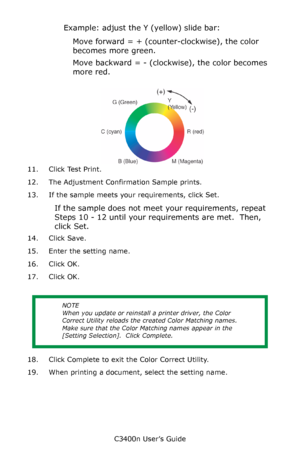 Page 128C3400n User’s Guide
128
Example: adjust the Y (yellow) slide bar:
Move forward = + (counter-clockwise), the color 
becomes more green.
Move backward = - (clockwise), the color becomes 
more red.
       F5_03_300.jpg          
11. Click Test Print.
12. The Adjustment Confirmation Sample prints.
13. If the sample meets your requirements, click Set.
If the sample does not meet your requirements, repeat 
Steps 10 - 12 until your requirements are met.  Then, 
click Set.
14. Click Save.
15. Enter the setting...