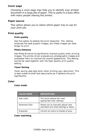 Page 43C3400n User’s Guide
43
Cover page  
Choosing a cover page may help you to identify your printed 
document in a large pile of paper. This is useful in a busy office 
with many people sharing the printer.
Paper source  
This option allows you to select which paper tray to use for 
your print job.
Print quality  
Print quality
Use this option to selects the print resolution. The  setting 
produces the best graphic images, but these images can take 
longer to print.
Photo Enhance
Use Photo Enhance to...
