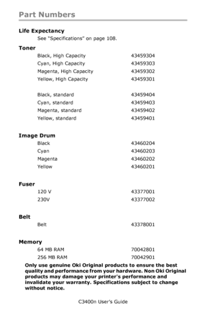 Page 75C3400n User’s Guide
75
Part Numbers
Life Expectancy
See “Specifications” on page 108.
Toner
Black, High Capacity 43459304 
Cyan, High Capacity 43459303 
Magenta, High Capacity 43459302 
Yellow, High Capacity 43459301 
Black, standard 43459404 
Cyan, standard 43459403 
Magenta, standard 43459402 
Yellow, standard 43459401 
Image Drum
Black 43460204 
Cyan 43460203 
Magenta 43460202 
Yellow 43460201 
Fuser
120 V 43377001 
230V 43377002 
Belt
Belt 43378001 
Memory
64 MB RAM 70042801 
256 MB RAM 70042901...