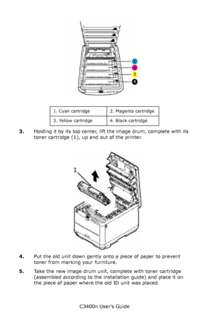 Page 83C3400n User’s Guide
83
      ID Positions_Fig1_04.jpg  
     
3.Holding it by its top center, lift the image drum, complete with its 
toner cartridge (1), up and out of the printer.
        ID going out_Fig1_12.jpg  
4.Put the old unit down gently onto a piece of paper to prevent 
toner from marking your furniture.
5.Take the new image drum unit, complete with toner cartridge 
(assembled according to the installation guide) and place it on 
the piece of paper where the old ID unit was placed.
1. Cyan...