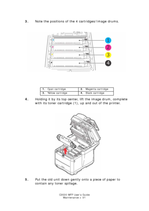 Page 91C3530 MFP User’s GuideMaintenance > 91
3. Note the positions of the 4 cartridges/Image drums.
   
ID Positions.jpg  
   
4. Holding it by its top center, lift the image drum, complete 
with its toner cartridge (1), up and out of the printer.
  
ID & Toner out.jpg  
5. Put the old unit down gently onto a piece of paper to 
contain any toner spillage.
1.Cyan cartridge 2.Magenta cartridge
3. Ye l l o w  c a r t r i d g e 4.Black cartridge
Downloaded From ManualsPrinter.com Manuals 