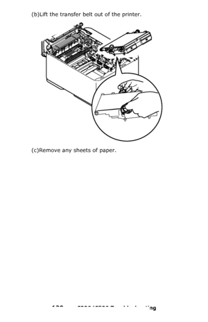 Page 120120 – C330/C530 Troubleshooting
(b)Lift the transfer belt out of the printer.
(c)Remove any sheets of paper.
Downloaded From ManualsPrinter.com Manuals 