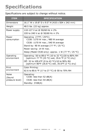 Page 135135 – C330/C530 Specifications
Specifications
Specifications are subject to change without notice. 
ITEMSPECIFICATION
Dimensions 16.1” W x 19.8” D x 9.5” H (410 x 504 x 242 mm) 
Weight 48.5 lbs. (22 kg) approx.
Power supply 110-127 V ac @ 50/60 Hz ± 2% 
220 to 240 V ac @ 50/60 Hz ± 2%
Power 
consumptionOperating  (77°F / 25°C):
C330: 1170 W max.; 480 W average
C530: 1170 W max.; 540 W average
Stand-by: 90 W average (77 °F / 25 °C)
Power saving: 14 W max.
Sleep (Model C530 only): approx. 1 W (77 °F / 25...