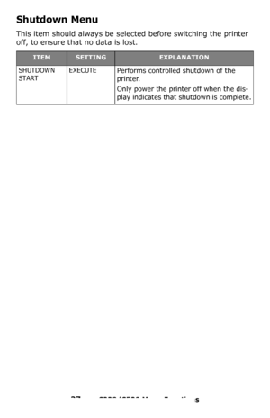 Page 3737 – C330/C530 Menu Functions
Shutdown Menu 
This item should always be selected before switching the printer 
off, to ensure that no data is lost. 
ITEMSETTINGEXPLANATION
SHUTDOWN 
STARTEXECUTEPerforms controlled shutdown of the 
printer.
Only power the printer off when the dis-
play indicates that shutdown is complete.
Downloaded From ManualsPrinter.com Manuals 