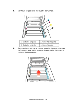 Page 166
Substituir consumíveis> 166
2.Verifique as posições dos quatro cartuchos.
3. Segurando-o pela parte central superior, levante o tambor 
de imagem, que inclui o respectivo cartucho de toner, e 
retire-o da impressora.
1
2
3
4
1. Cartucho turquesa 2. Cartucho magenta
3. Cartucho amarelo 4. Cartucho preto
Downloaded From ManualsPrinter.com Manuals 