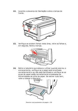 Page 194
Resolver encravamentos de papel> 194
12.Levante a alavanca de libertação e abra a tampa da 
frente.
13. Verifique se existem folhas nesta área, retire as folhas e, 
em seguida, feche a tampa.
14. Retire o tabuleiro que estava a utilizar quando ocorreu o 
encravamento, verifique se o papel está empilhado 
correctamente e se não está danificado e verifique se as 
guias de papel estão correctamente encostadas às 
extremidades da pilha de papel. Se estiver tudo bem, 
volte a colocar o tabuleiro.
Downloaded...