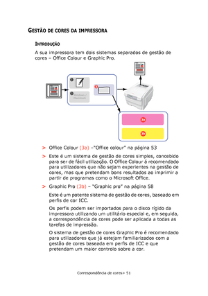 Page 51
Correspondência de cores> 51
GESTÃO DE CORES DA IMPRESSORA
INTRODUÇÃO
A sua impressora tem dois sistemas separados de gestão de 
cores – Office Colour e Graphic Pro.   >Office Colour  (3a) –“Office colour” na página 53
> Este é um sistema de gestão de cores simples, concebido 
para ser de fácil utilização. O Office Colour á recomendado 
para utilizadores que não sejam experientes na gestão de 
cores, mas que pretendam bons resultados ao imprimir a 
partir de programas como o Microsoft Office.
> Graphic...