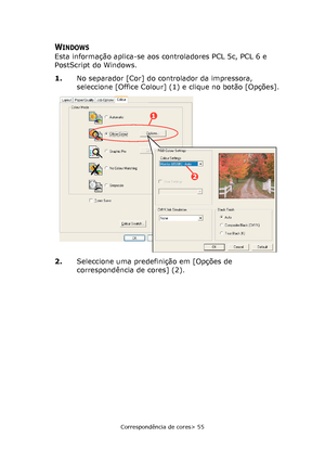Page 55
Correspondência de cores> 55
WINDOWS
Esta informação aplica-se aos controladores PCL 5c, PCL 6 e 
PostScript do Windows.
1.No separador [Cor] do controlador da impressora, 
seleccione [Office Colour] (1) e clique no botão [Opções].
2. Seleccione uma predefinição em [Opções de 
correspondência de cores] (2).
1
2
Downloaded From ManualsPrinter.com Manuals 