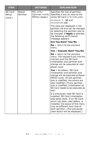 Page 52
52 – C610/C711 User’s Guide
SD Card 
Setup
(cont.)
Resize 
PartitionPCL nn%/
Common mm%/
PSll%/Specifies the size of partition. 
Specifies a size by ratio to the 
whole SD Card in % (1% unit).
nn,mm,ll: 1 - 98 and 
nn+mm+ll=100
The sizes are displayed in the 
partition list and can be changed 
by selecting the partition size to 
be changed. If Apply is selected, 
the following confirmation 
message appears.
Are You Sure? Yes/No
No  = return to the previous 
menu.
Yes  = Execute Now? Yes/No
No = return...