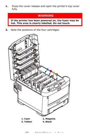 Page 85
85 – C610/C711 User’s Guide
1.Press the cover release and open the printer’s top cover 
fully.
2.Note the positions of  the four cartridges.  
WARNING
If the printer has been po wered on, the fuser may be 
hot. This area is clearly labelled. Do not touch.
1. Cyan 2. Magenta 
3. Yellow 4. Black 
6
1 23
4
Downloaded From ManualsPrinter.com Manuals 