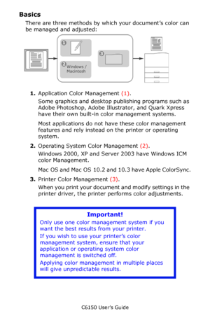 Page 179C6150 User’s Guide
179
Basics
There are three methods by which your document’s color can 
be managed and adjusted: 
1.Application Color Management (1). 
Some graphics and desktop publishing programs such as 
Adobe Photoshop, Adobe Illustrator, and Quark Xpress 
have their own built-in color management systems. 
Most applications do not have these color management 
features and rely instead on the printer or operating 
system.
2.Operating System Color Management (2).
Windows 2000, XP and Server 2003 have...