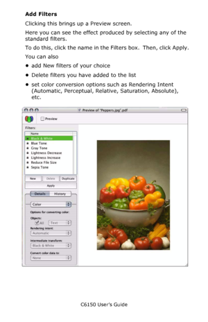 Page 215C6150 User’s Guide
215
Add Filters
Clicking this brings up a Preview screen.  
Here you can see the effect produced by selecting any of the 
standard filters.
To do this, click the name in the Filters box.  Then, click Apply.
You can also
•add New filters of your choice
•Delete filters you have added to the list
•set color conversion options such as Rendering Intent 
(Automatic, Perceptual, Relative, Saturation, Absolute), 
etc.     C32_Mac_10.3_11.jpg        
Downloaded From ManualsPrinter.com Manuals 