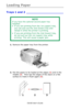 Page 58C6150 User’s Guide
58
Loading Paper
Trays 1 and 2 _____________________
   
1.Remove the paper tray from the printer.
    c53_11_opntra.jpg  
2.Fan the paper to be loaded at the edges (1) and in the 
middle (2).  Then tap the edges of the stack on a flat 
surface to make it flush again (3).
    Fan Paper.eps  
NOTE
If you have the optional second paper tray 
installed:
• If you are printing from the 1st (upper) tray, 
you can pull out the 2nd (lower) tray and 
reload it while the printer is printing.
•...