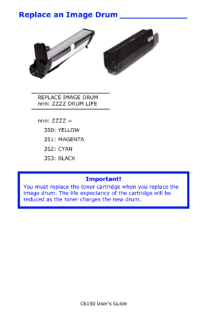 Page 72C6150 User’s Guide
72
Replace an Image Drum _____________
    c53_31_drumREV.jpg and  c53_30_single_toner.JPG   
REPLACE IMAGE DRUM
nnn: ZZZZ DRUM LIFE
nnn: ZZZZ =
350: YELLOW
351: MAGENTA
352: CYAN
353: BLACK
         
Important!
You must replace the toner cartridge when you replace the 
image drum. The life expectancy of the cartridge will be 
reduced as the toner charges the new drum.
Downloaded From ManualsPrinter.com Manuals 