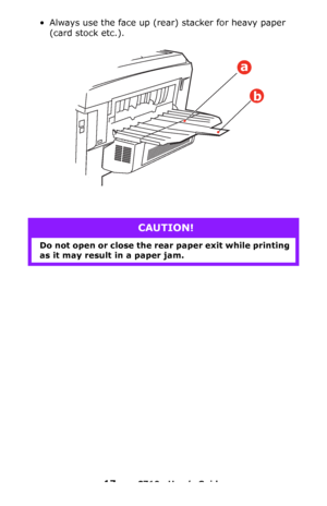 Page 1717 – C710n User’s Guide
• Always use the face up (rear) stacker for heavy paper 
(card stock etc.).
CAUTION!
Do not open or close the rear paper exit while printing 
as it may result in a paper jam.
a
b
Downloaded From ManualsPrinter.com Manuals 