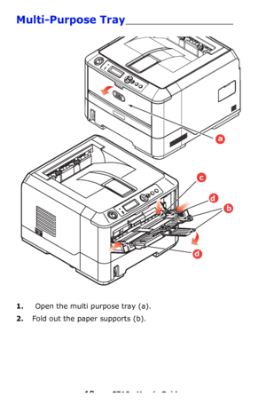 Page 1818 – C710n User’s Guide
Multi-Purpose Tray________________________
1.Open the multi purpose tray (a).
2.Fold out the paper supports (b).
a
c
d
b
d
Downloaded From ManualsPrinter.com Manuals 