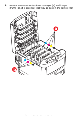 Page 8181 – C710n User’s Guide
2.Note the positions of the four toner cartridges (a) and image 
drums (b). It is essential that they go back in the same order.
a
b
Downloaded From ManualsPrinter.com Manuals 