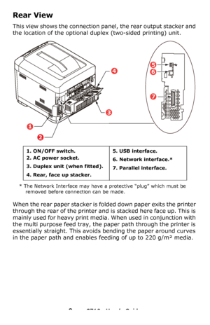 Page 99 – C710n User’s Guide
Rear View
This view shows the connection panel, the rear output stacker and 
the location of the optional duplex (two-sided printing) unit.
* The Network Interface may have a protective “plug” which must be 
removed before connection can be made.
When the rear paper stacker is folded down paper exits the printer 
through the rear of the printer and is stacked here face up. This is 
mainly used for heavy print media. When used in conjunction with 
the multi purpose feed tray, the...