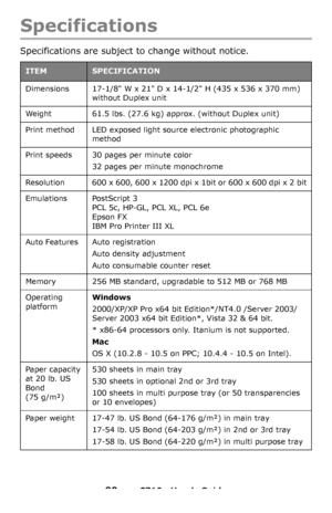 Page 9999 – C710n User’s Guide
Specifications
Specifications are subject to change without notice. 
ITEMSPECIFICATION
Dimensions 17-1/8 W x 21 D x 14-1/2 H (435 x 536 x 370 mm) 
without Duplex unit
Weight 61.5 lbs. (27.6 kg) approx. (without Duplex unit)
Print method LED exposed light source electronic photographic 
method
Print speeds 30 pages per minute color
32 pages per minute monochrome
Resolution 600 x 600, 600 x 1200 dpi x 1bit or 600 x 600 dpi x 2 bit
Emulations PostScript 3 
PCL 5c, HP-GL, PCL XL, PCL...