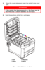 Page 85
85 – C610/C711 User’s Guide
1.Press the cover release and open the printer’s top cover 
fully.
2.Note the positions of  the four cartridges.  
WARNING
If the printer has been po wered on, the fuser may be 
hot. This area is clearly labelled. Do not touch.
1. Cyan 2. Magenta 
3. Yellow 4. Black 
6
1 23
4
Downloaded From ManualsPrinter.com Manuals 