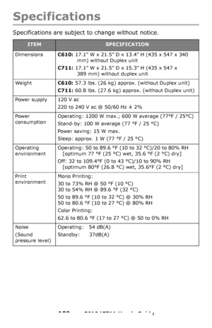 Page 109
109 – C610/C711 User’s Guide
Specifications
Specifications are subject to change without notice. 
ITEMSPECIFICATION
Dimensions C610: 17.1” W x 21.5” D x 13.4” H (435 x 547 x 340 
mm) without Duplex unit
C711:  17.1” W x 21.5” D x 15.3” H (435 x 547 x 
389 mm) without duplex unit
We i g h t C610: 57.3 lbs. (26 kg) approx. (without Duplex unit)
C711:  60.8 lbs. (27.6 kg) approx. (without Duplex unit)
Power supply 120 V ac  220 to 240 V ac @ 50/60 Hz ± 2%
Power 
consumption Operating: 1200 W max.; 600 W...