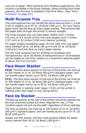 Page 15
15 – C610/C711 User’s Guide
runs out of paper. When printing from Windows applications, this 
function is enabled in the driver settings. When printing from other 
systems, this function is enabled in the Print Menu. (See  “Menu 
Functions” on page 23 .)
Multi Purpose Tray ______________
The multi purpose tray can handle the same sizes as trays 1, 2 and 
3 but in weights up to 67 lb. US Bond (250 
g/m²). For very heavy 
paper stock use the face up (rear)  paper stacker. This ensures that 
the paper path...