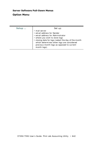 Page 642C7350/7550 User’s Guide: Print Job Accounting Utility   •  642
Server Software Pull-Down Menus
Option Menu
  
Setup …Set up:
•mail server
• email address for Sender
• email address for Administrator
• where you wish to store logs
• closing date for logs (select the day of the month 
which determines when logs are considered 
previous month logs as opposed to current 
month logs).
Downloaded From ManualsPrinter.com Manuals 