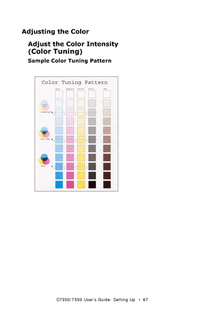 Page 67C7350/7550 User’s Guide: Setting Up   •  67
Adjusting the Color  
Adjust the Color Intensity 
(
Color Tuning) 
Sample Color Tuning Pattern  
 colortuneK.jpg  
Downloaded From ManualsPrinter.com Manuals 