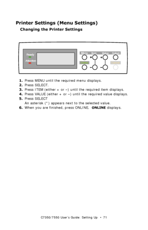 Page 71C7350/7550 User’s Guide: Setting Up   •  71
Printer Settings (Menu Settings)
Changing the Printer Settings  
  control panel - printer settingsk.eps  
1.Press MENU until the required menu displays.
2.Press SELECT.
3.Press ITEM (either + or –) until the required item displays.
4.Press VALUE (either + or –) until the required value displays.
5.Press SELECT
An asterisk (*) appears next to the selected value.
6.When you are finished, press ONLINE.  
ONLINE displays.
OnlineMenu
Item
ValueSelect
Ready...