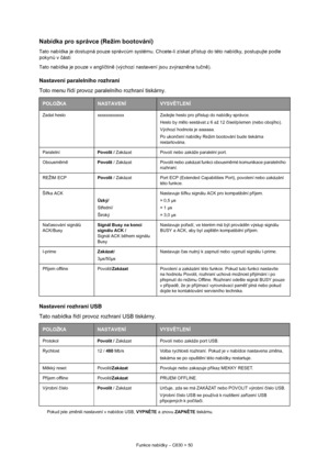 Page 50
Funkce nabídky – C830 > 50
Nabídka pro správce (Režim bootování)
Tato nabídka je dostupná pouze správcům systému. Chcete-li získat p řístup do této nabídky, postupujte podle 
pokyn ů v  části 
Tato nabídka je pouze v angli čtin ě (výchozí nastavení jsou zvýrazn ěna tu čn ě ).
Nastavení paralelního rozhraní
Toto menu  řídí provoz paralelního rozhraní tiskárny.
Nastavení rozhraní USB
Tato nabídka  řídí provoz rozhraní USB tiskárny.
Pokud jste zm ěnili nastavení v nabídce USB,  VYPNĚTE  a znovu  ZAPNĚTE...
