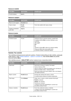 Page 52
Funkce nabídky – C830 > 52
Nastavení úložiště
Nastavení napájení
Nastavení jazyka
Nabídka Tisk statistik
Tato nabídka je dostupná pouze správc ům systému. Chcete-li získat p řístup do této nabídky, postupujte 
podle pokyn ů v  části  „Změna nastavení – správce“ na stran ě34 , místo tla čítka  Enter  ale podržte 
stisknuté tla čítko  Menu .
Tato nabídka je pouze v  ANGLIČTIN Ě (výchozí nastavení jsou zvýrazn ěna tu čn ě ).
POLOŽKANASTAVENÍVYSV ĚTLENÍ
Povolit inicializaci Ano/Ne
POLOŽKANASTAVENÍVYSV...