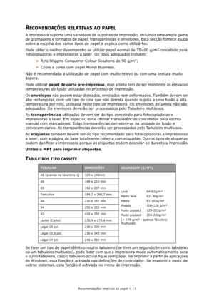 Page 11Recomendações relativas ao papel > 11
RECOMENDAÇÕES RELATIVAS AO PAPEL
A impressora suporta uma variedade de suportes de impressão, incluindo uma ampla gama 
de gramagens e formatos de papel, transparências e envelopes. Esta secção fornece ajuda 
sobre a escolha dos vários tipos de papel e explica como utilizá-los.
Pode obter o melhor desempenho se utilizar papel normal de 75~90 g/m² concebido para 
fotocopiadoras e impressoras a laser. Os tipos adequados incluem:
>Ajro Wiggins Conqueror Colour Solutions...