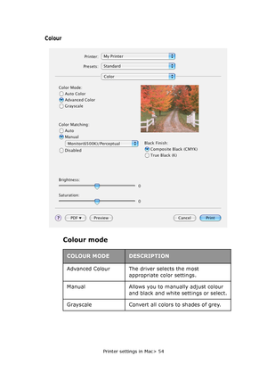 Page 54
Printer settings in Mac> 54
Colour
Colour mode
COLOUR MODEDESCRIPTION
Advanced Colour The driver selects the most  appropriate color settings.
Manual  Allows you to manually adjust colour  and black and white settings or select.
Grayscale Convert all colors to shades of grey.
Downloaded From ManualsPrinter.com Manuals 