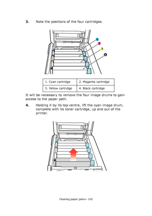 Page 102Clearing paper jams> 102
3.Note the positions of the four cartridges.
It will be necessary to remove the four image drums to gain 
access to the paper path.
4.Holding it by its top centre, lift the cyan image drum, 
complete with its toner cartridge, up and out of the 
printer.
1
2
3
4
1. Cyan cartridge 2. Magenta cartridge
3. Yellow cartridge 4. Black cartridge
Downloaded From ManualsPrinter.com Manuals 