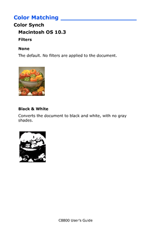 Page 240
C8800 User’s Guide240
Color Matching ____________________
Color Synch
Macintosh OS 10.3
Filters
None
The default. No filters are applied to the document.
    C32_Mac_10.3_11a.jpg   
Black & White
Converts the document to black and white, with no gray 
shades.
    C32_Mac_10.3_11b.jpg  
Downloaded From ManualsPrinter.com Manuals 