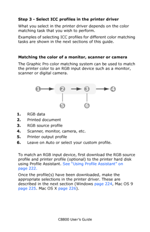 Page 223
C8800 User’s Guide223
Step 3 - Select ICC prof iles in the printer driver
What you select in the printe r driver depends on the color 
matching task that you wish to perform.
Examples of selecting ICC profile s for different color matching 
tasks are shown in the next sections of this guide.
Matching the color of a monitor, scanner or camera
The Graphic Pro color matching system can be used to match 
the printer color to an RGB input device such as a monitor, 
scanner or digital camera....